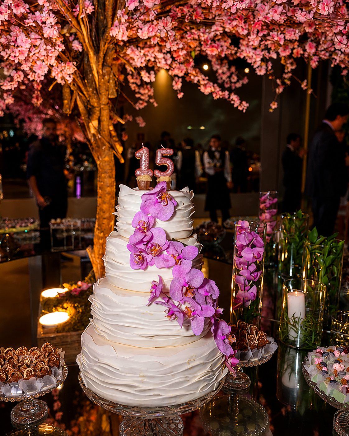 Bolo de 15 anos com orquídeas