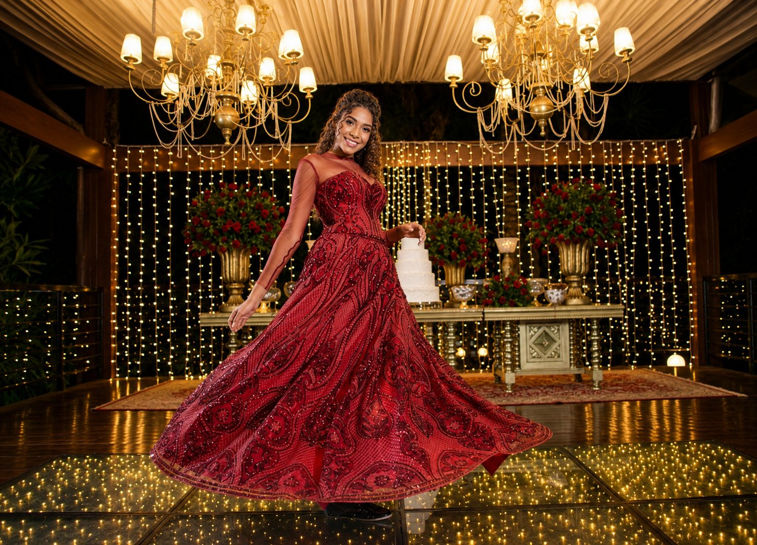 Debutante de vestido vermelho na festa de 15 anos